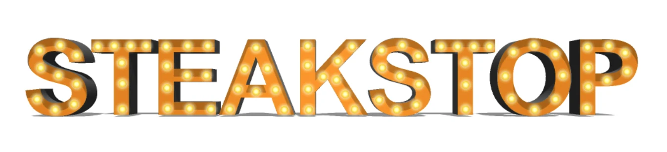 Design mockup of gold illuminated STEAKSTOP letters