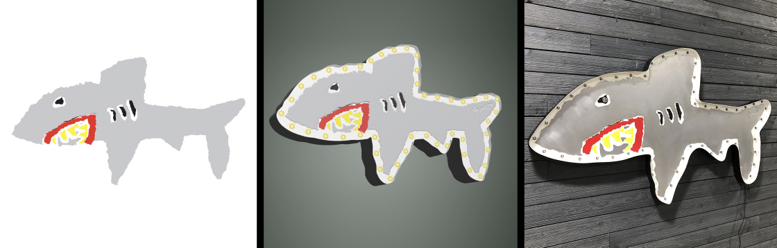 Shark-shaped custom sign shown as a sketch, a production proof and the finished build