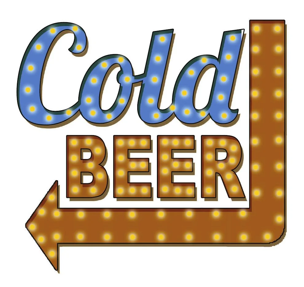 Design mockup of blue Cold lettering, gold Beer lettering and an illuminated arrow