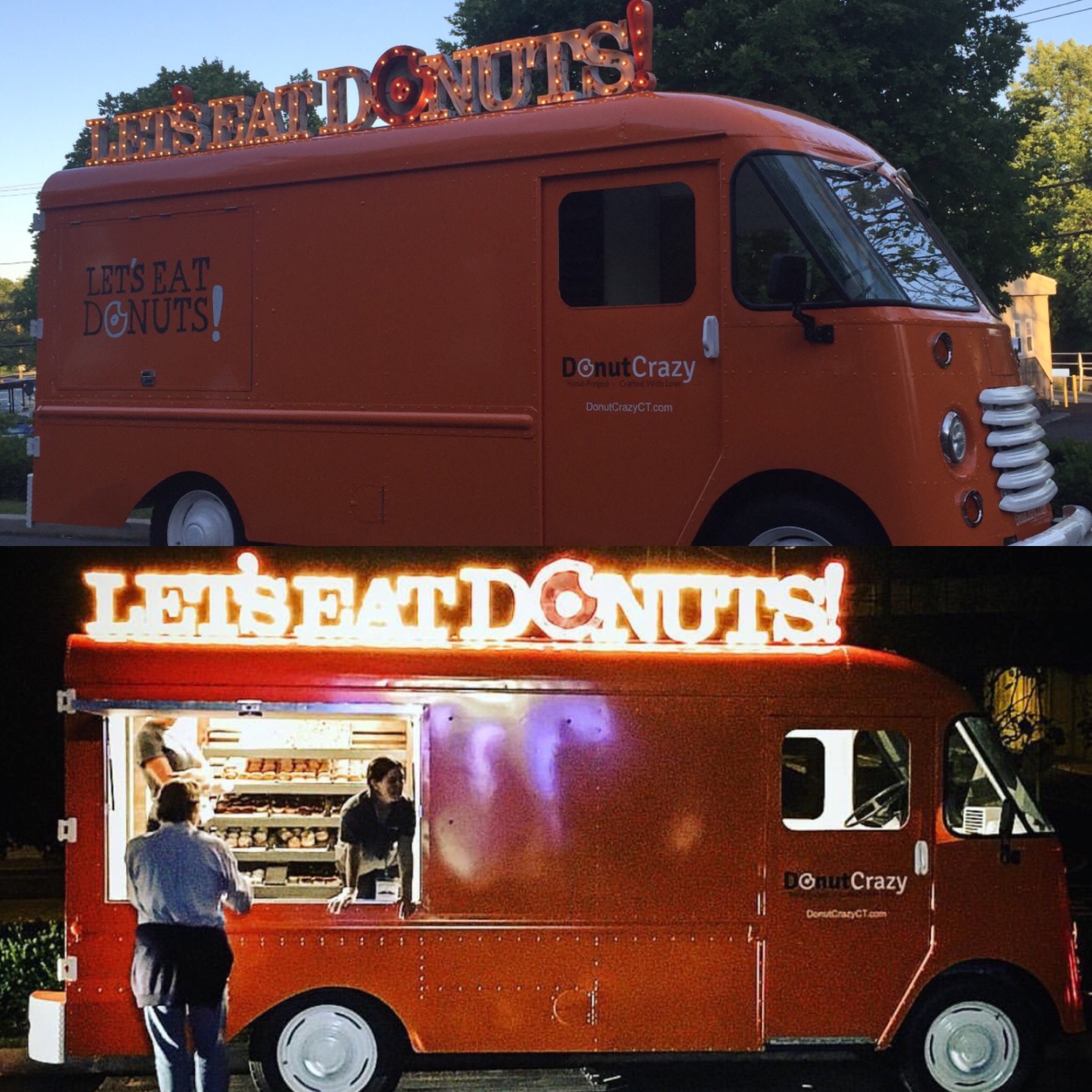 Let's Eat Donuts marquee sign on orange food truck