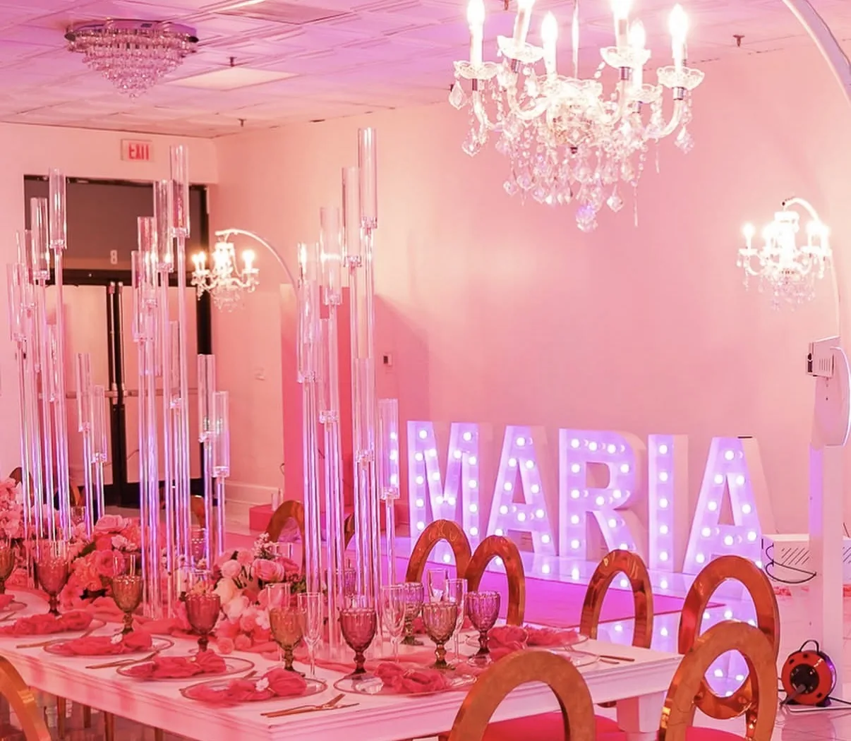 MARIA marquee lights in a pink event room by C&D Marquees
