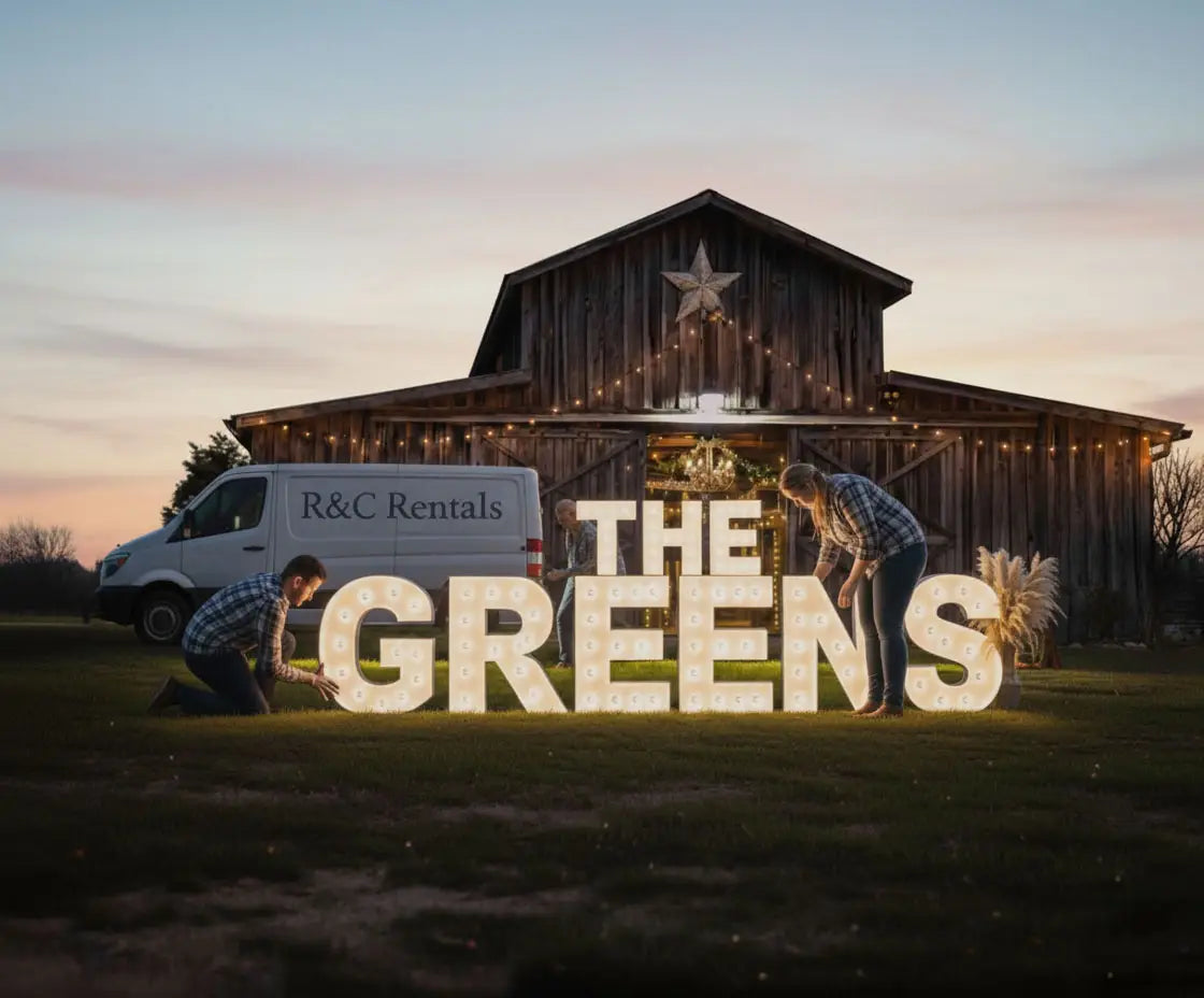 Professional marquee letter rental setup at an outdoor wedding