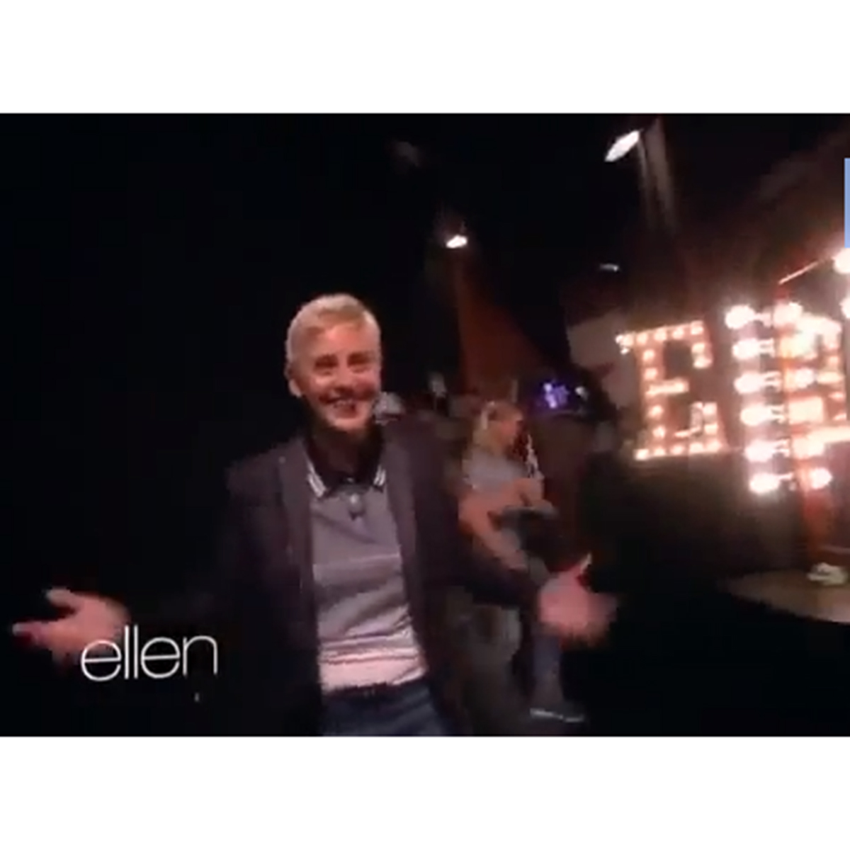 Ellen DeGeneres backstage with Vintage Marquee Lights illuminated E letters on The Ellen DeGeneres Show