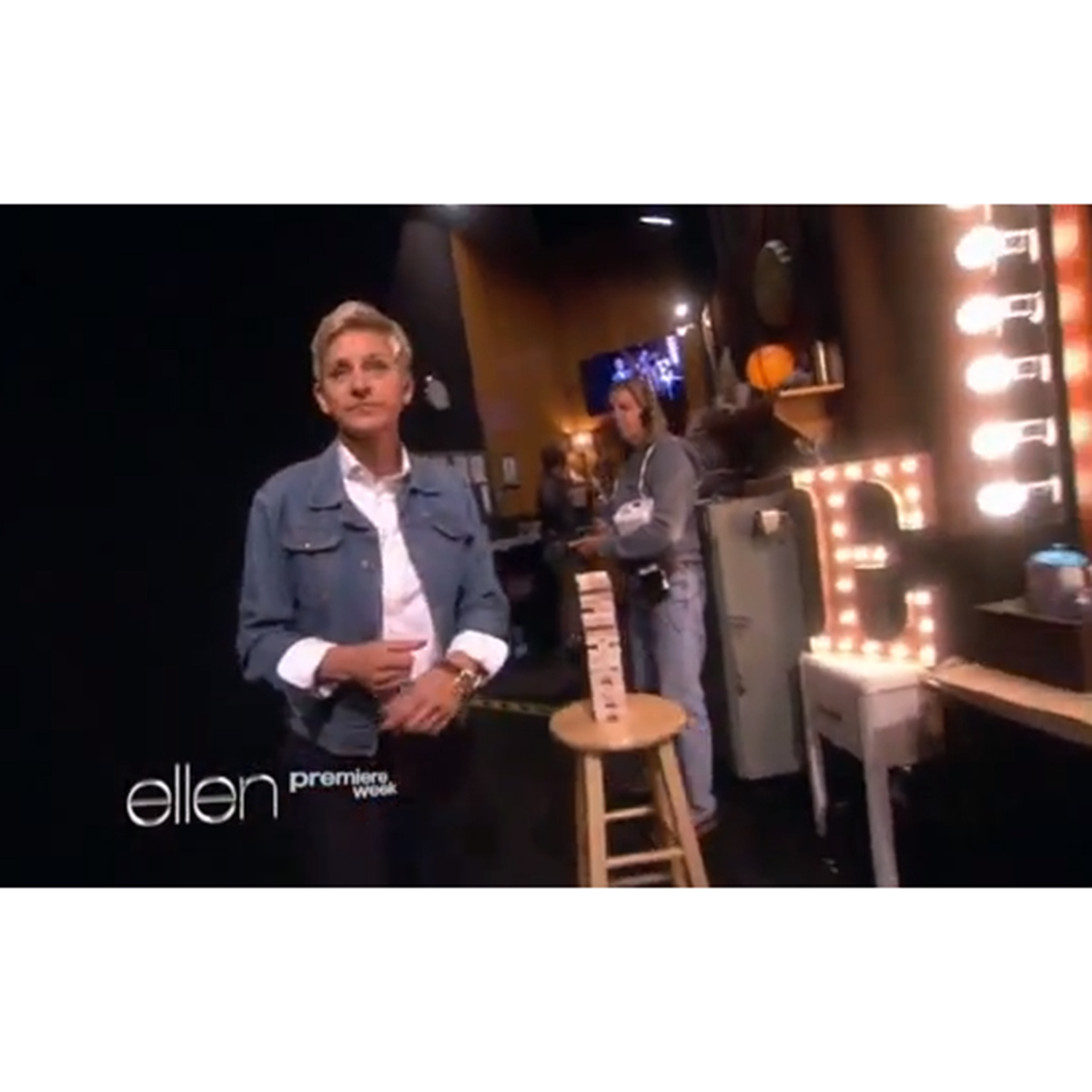 Ellen DeGeneres Premiere Week backstage with marquee letter E from Vintage Marquee Lights