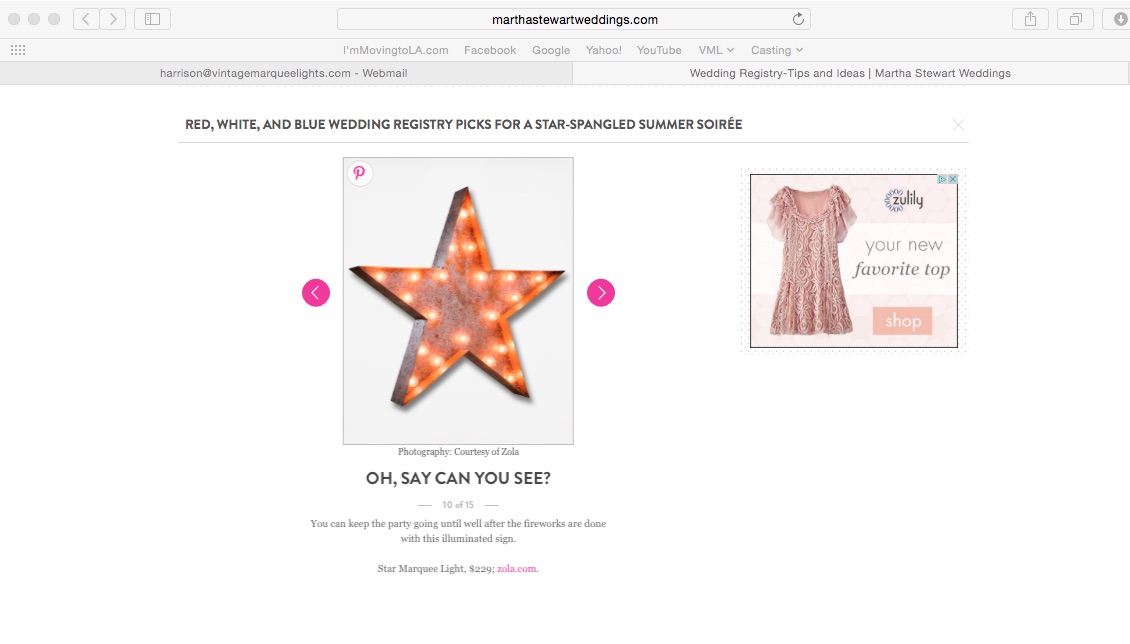 Vintage Marquee Lights star featured in Martha Stewart Weddings magazine